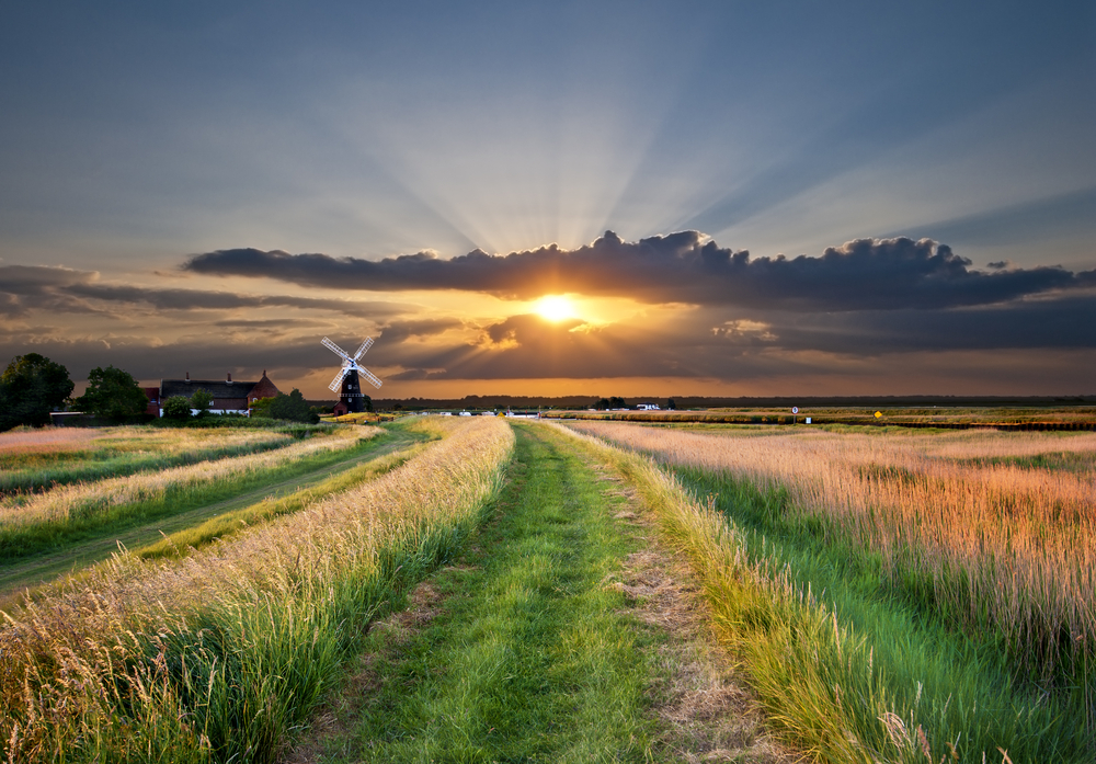 Norfolk landscape, windmill and sunset